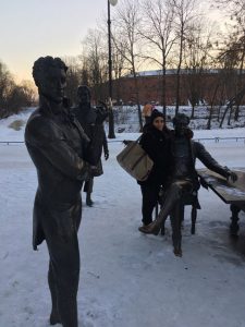 Snow covered statues of Russia's most decorated architects... and me.