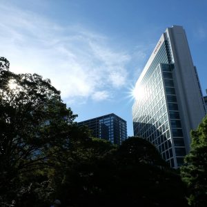 Sun reflecting of a skyscraper, taken in the Hamarikyu gardens, Tokyo