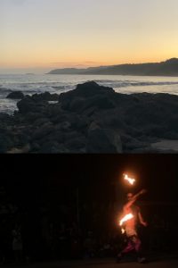 Top photo: Montezuma Beach, bottom photo: Eli performing poi