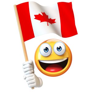 Emoji holding Canadian flag, emoticon waving national flag of Canada 3d rendering