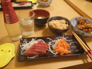 This was one of the meals my host family made for me. Including karaage, sashimi, takenoko rice and soup.