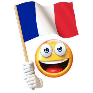 Emoji holding French flag, emoticon waving national flag of France 3d rendering