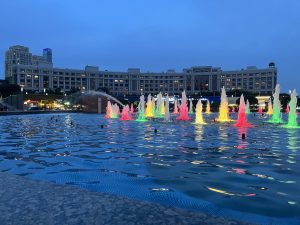 Fountains in the 'Circular Square' at night.