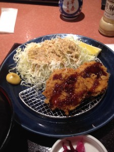 Eating Tonkatsu at a restaurant in Tokyo with Aika.