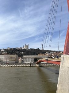 Bridge over the Rhone river with a view of Lyon