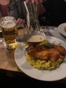 Schnitzel with mushroom sauce and potato salad! yummy!