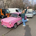 Me with our pink Trabbi car!