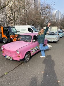 Me with our pink Trabbi car!