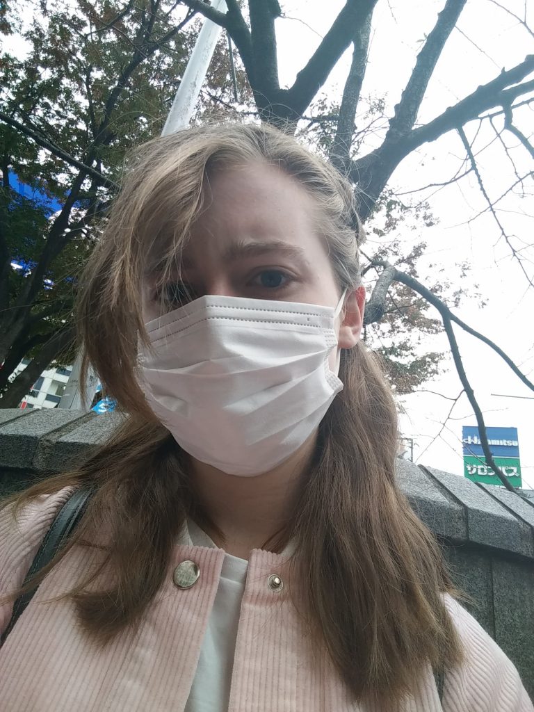 Recently I caught a cold, so here is a photo of me modelling the Japanese trend of wearing surgical masks when feeling under the weather.