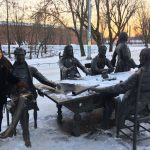 Snow covered statues of Russia's most decorated architects... and me.