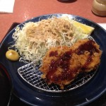 Eating Tonkatsu at a restaurant in Tokyo with Aika.